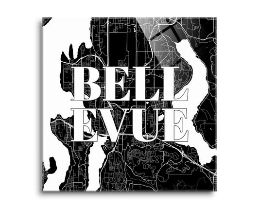 Minimalistic B&W Washington Bellevue Map | Hi-Def Glass Art | Eaches | Min 2