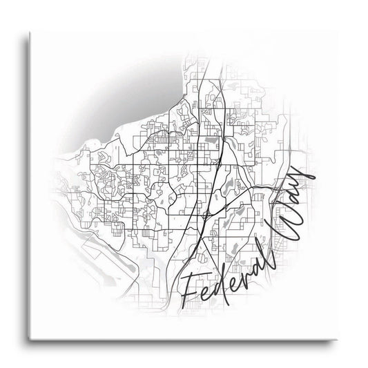 Minimalistic B&W Washington Federal Way Circle Map | Hi-Def Glass Art | Eaches | Min 1