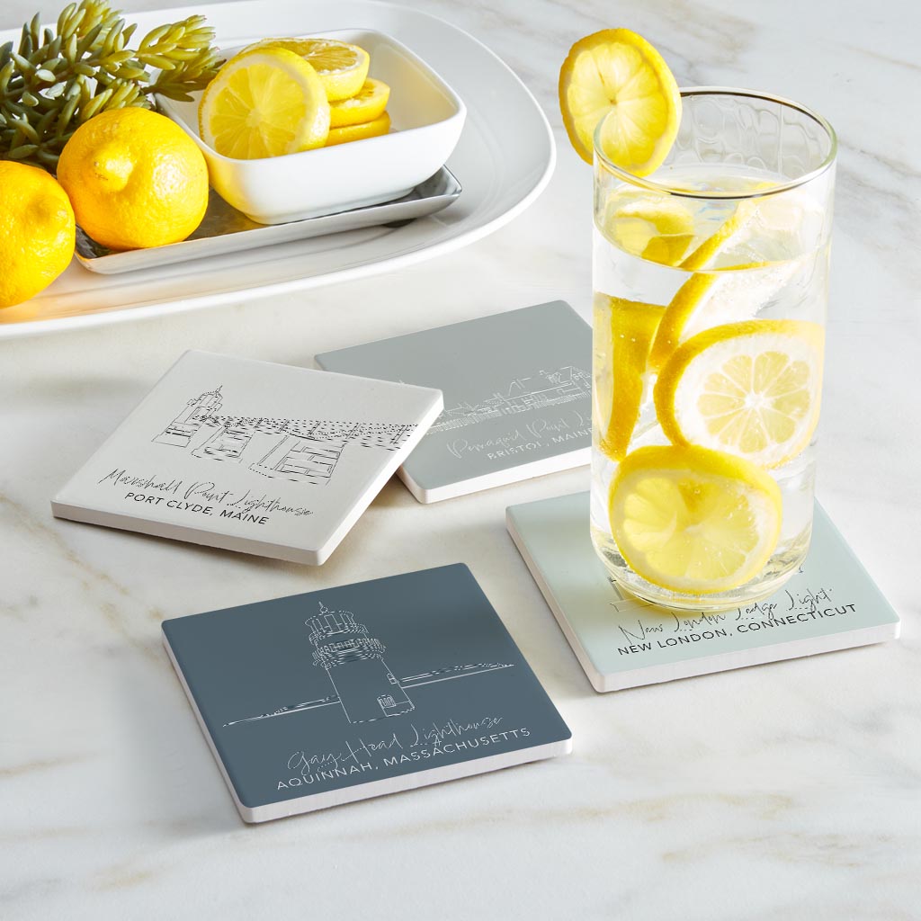 New England Lighthouses Muted Coastal | Absorbent Coasters | Set of 4 | Min 2