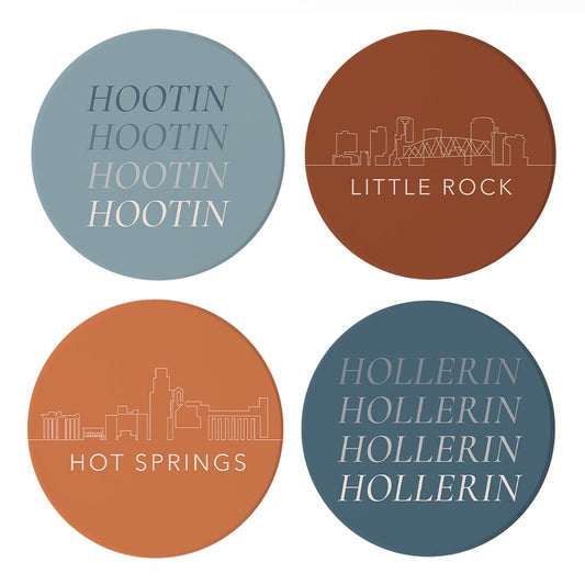Modern Minimalist Arkansas Skyline Hootin Hollerin | Absorbent Coasters | Set of 4 | Min 2