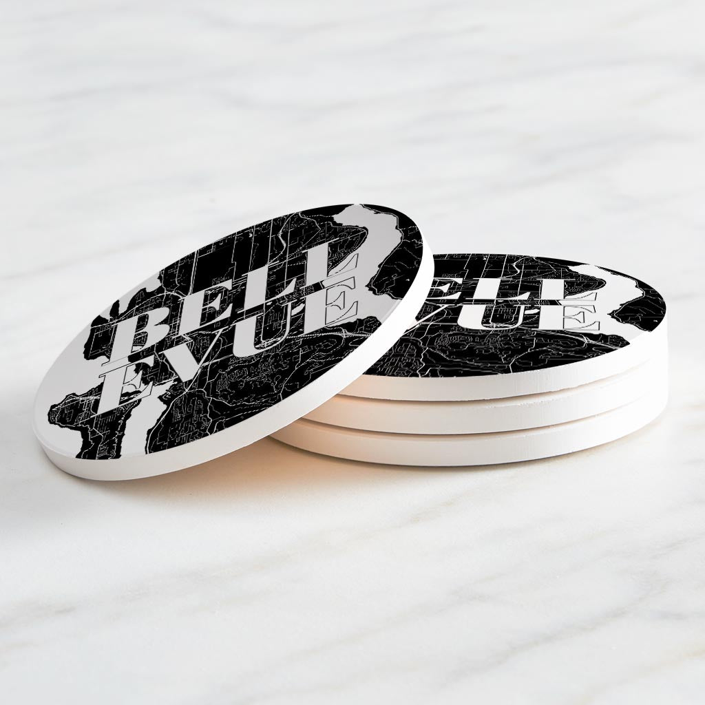 Minimalistic B&W Washington Bellevue Map | Absorbent Coasters | Set of 4 | Min 2