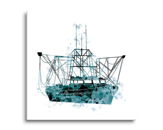 Blue White Water Color Shrimp Boat | Hi-Def Glass Art | Eaches | Min 2