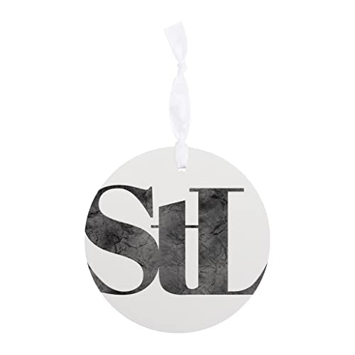 Minimalist B&W Missouri St Louis White Initials Joyride Home Decor Ornament 4 Inch Wooden Round Ornament With White Ribbon Christmas Decor Gift Tag Artist Designed| Wood Ornament | Eaches | Min 6