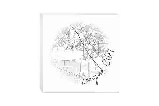 Minimalistic B&W Texas League City Circle Map | Wood Block | Eaches | Min 2