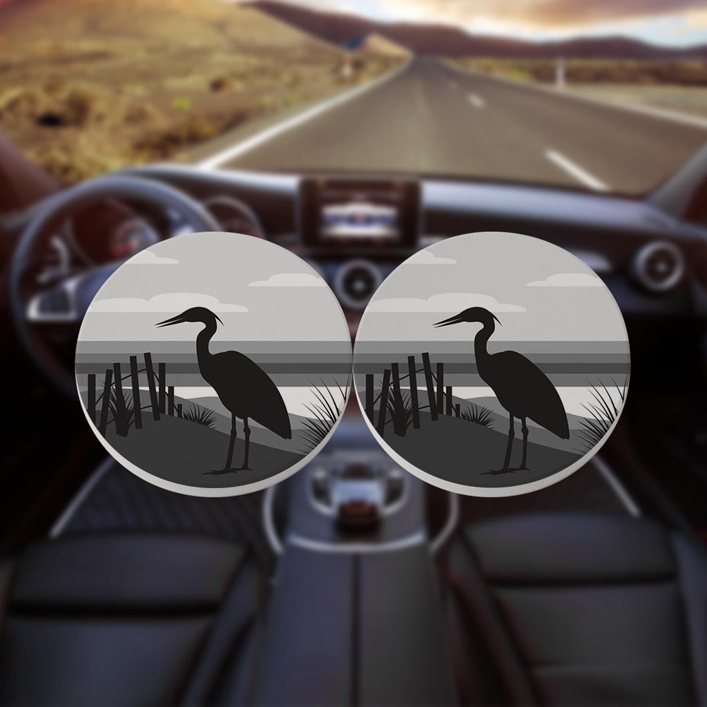 Minimalistic B&W Cape Cod Heron Illustration | Absorbent Car Coasters | Set of 2 | Min 4