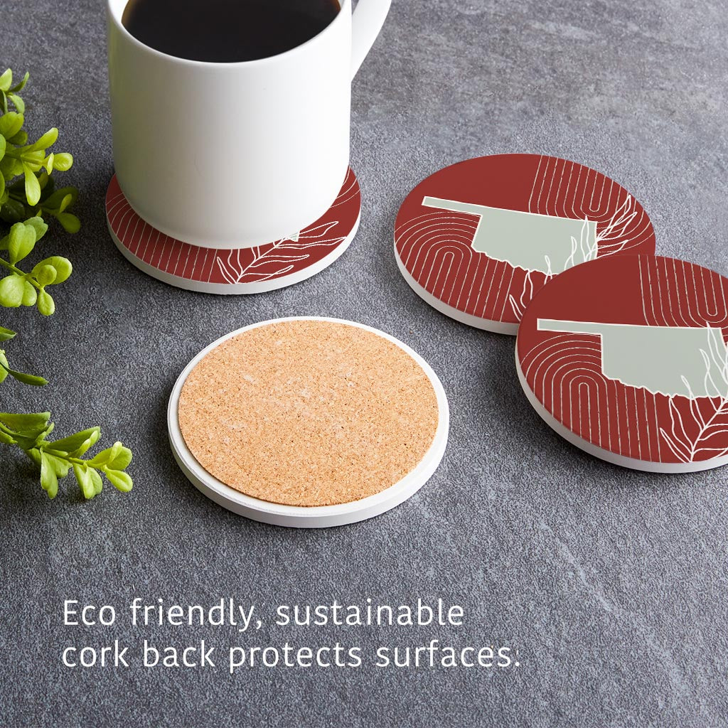 Modern Minimalist Oklahoma State Shape With Leaf | Absorbent Coasters | Set of 4 | Min 2