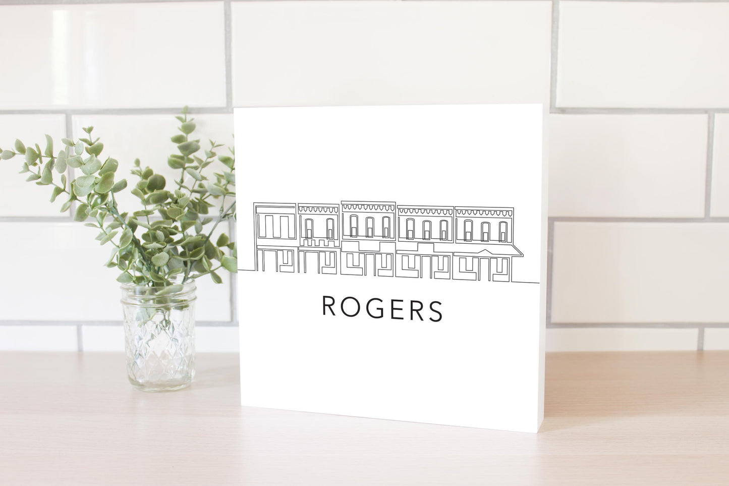 Minimalist B&W Arkansas Rogers Skyline | Wood Block | Eaches | Min 2