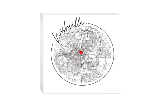 Minimalist B&W Tennessee Nashville Circle Map Heart | Wood Block | Eaches | Min 2