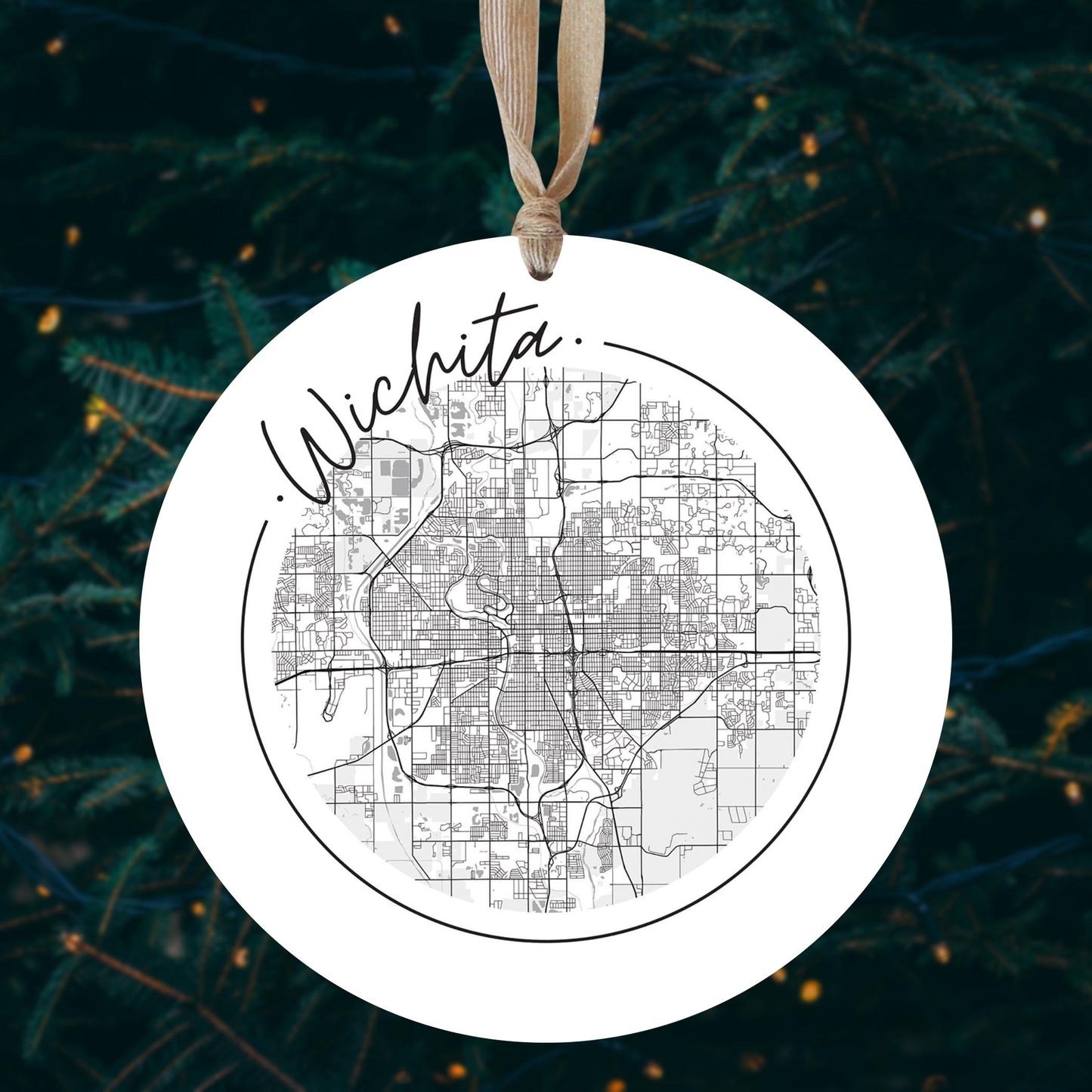 Minimalist B&W Kansas Wichita Circle Map | Wood Ornament | Eaches | Min 1