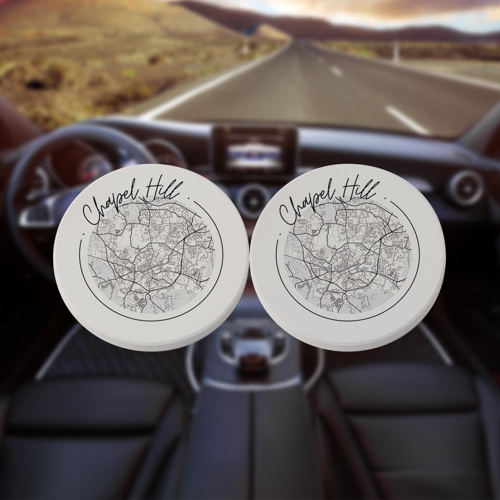 Minimalistic B&W North Carolina Chapel Hill Map| Absorbent Car Coasters | Set of 2 | Min 4