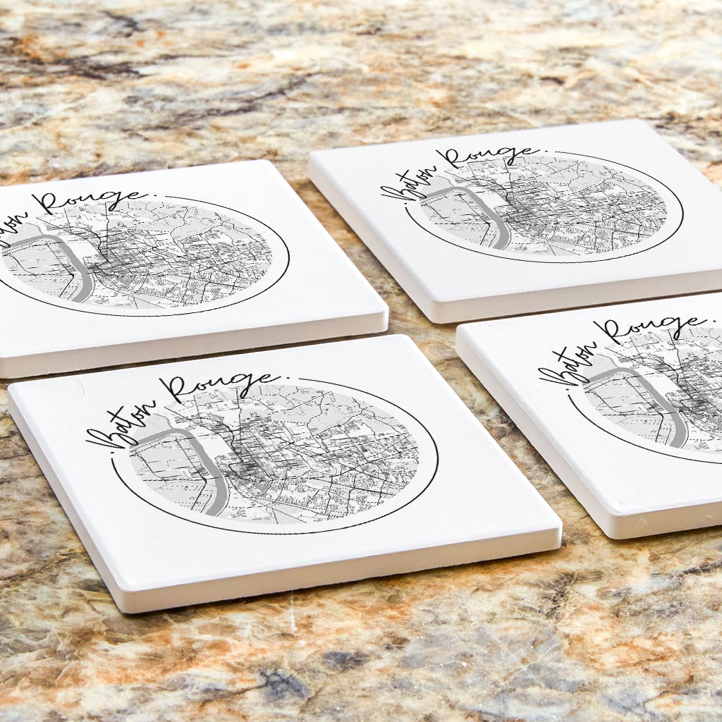 Minimalist B&W Louisiana Baton Rouge Circle Map | Absorbent Coasters | Set of 4 | Min 2