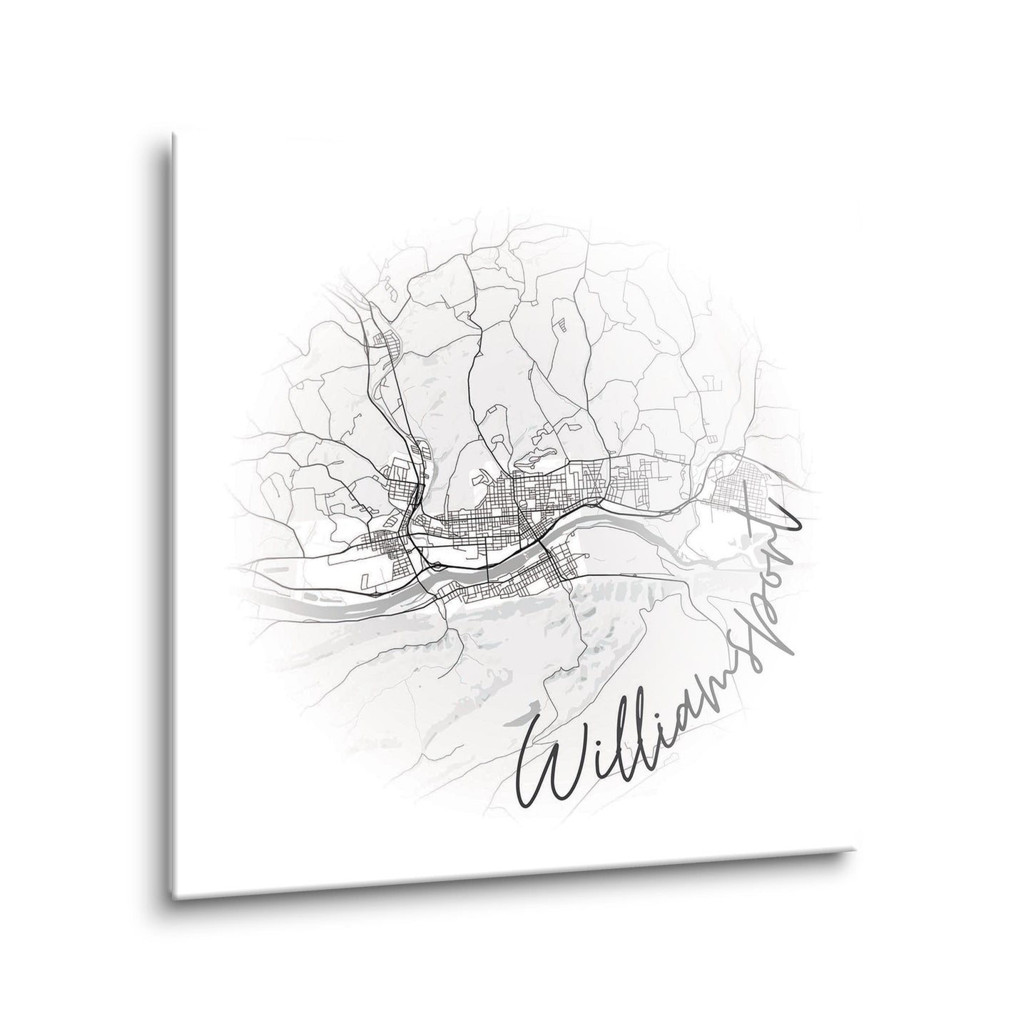 Minimalistic B&W Pennsylvania Williamsport Circle Map | Hi-Def Glass Art | Eaches | Min 2