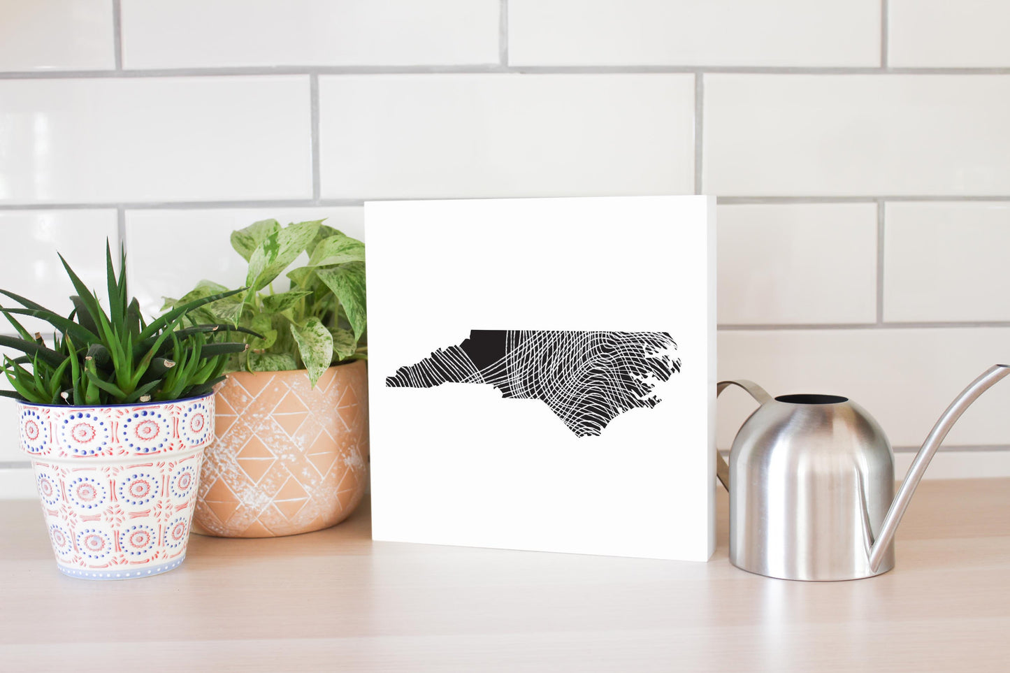 Minimalistic B&W North Carolina State Black With Fluid Lines | Wood Block | Eaches | Min 2