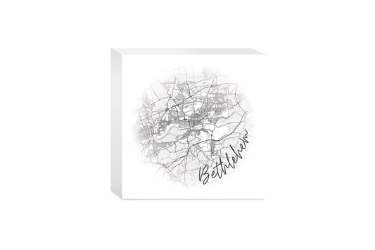 Minimalistic B&W Pennsylvania Bethlehem Circle Map | Wood Block | Eaches | Min 4