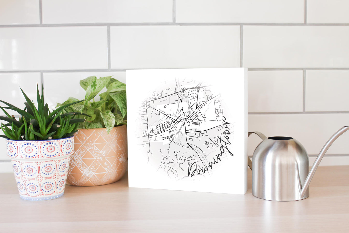 Minimalistic B&W Pennsylvania Downingtown Circle Map | Wood Block | Eaches | Min 2