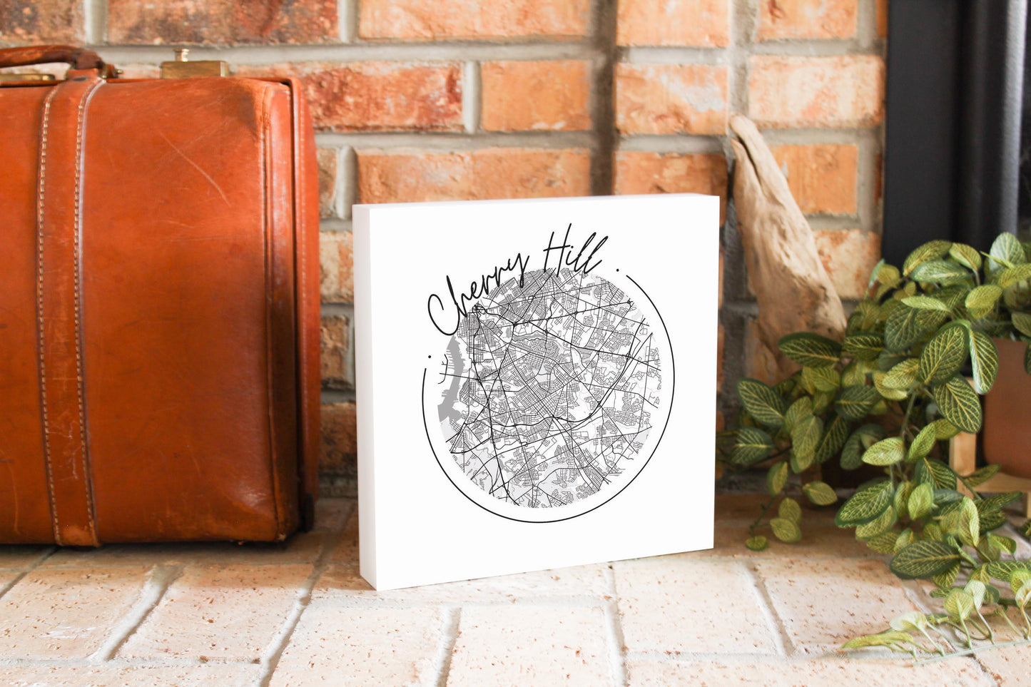 Minimalistic B&W New Jersey Cherry Hill Circle Map | Wood Block | Eaches | Min 2