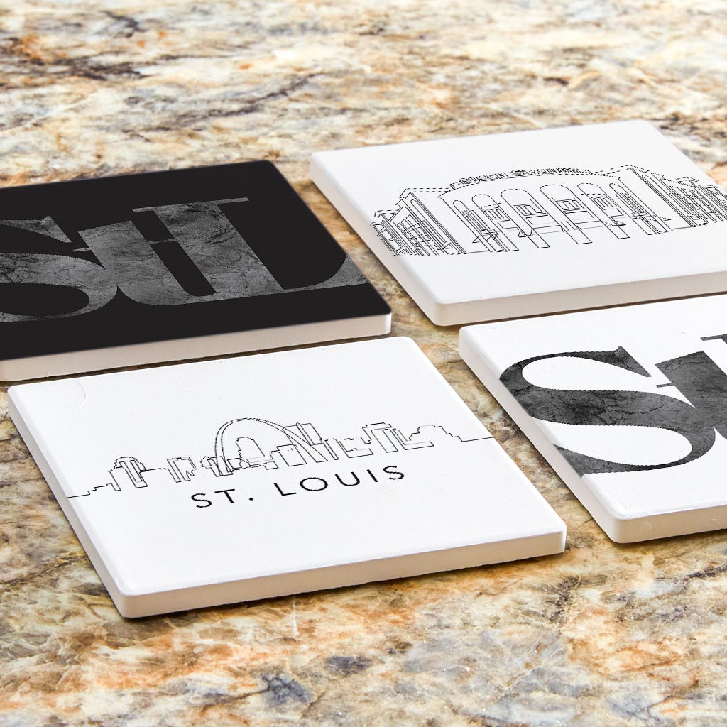 Minimalist B&W Missouri St Louis Line Drawings Stl | Absorbent Coasters | Set of 4 | Min 2