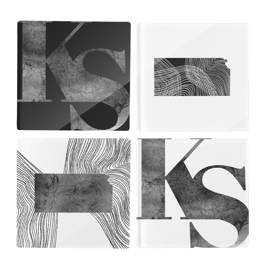 Minimalist B&W Kansas Initials State Shapes| Hi-Def Glass Coasters | Set of 4 | Min 2