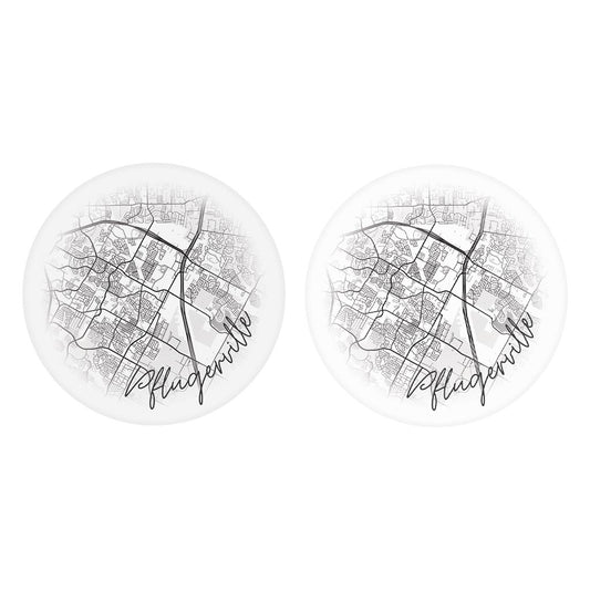 Minimalistic B&W Texas Pflugerville Circle Map | Absorbent Car Coasters | Set of 2 | Min 4