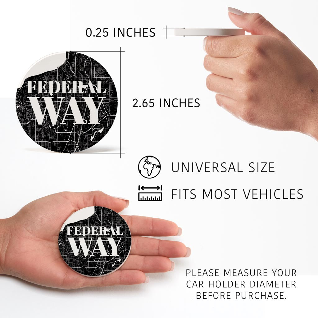 Minimalistic B&W Washington Federal Way Map | Absorbent Car Coasters | Set of 2 | Min 4