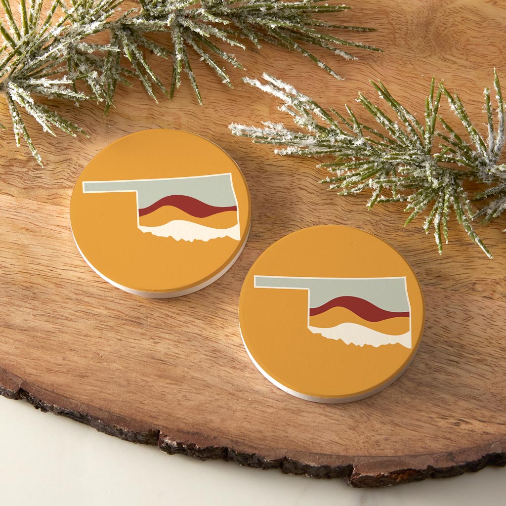 Modern Minimalist Oklahoma Orange Retro State Shape Hills | Absorbent Car Coasters | Set of 2 | Min 4