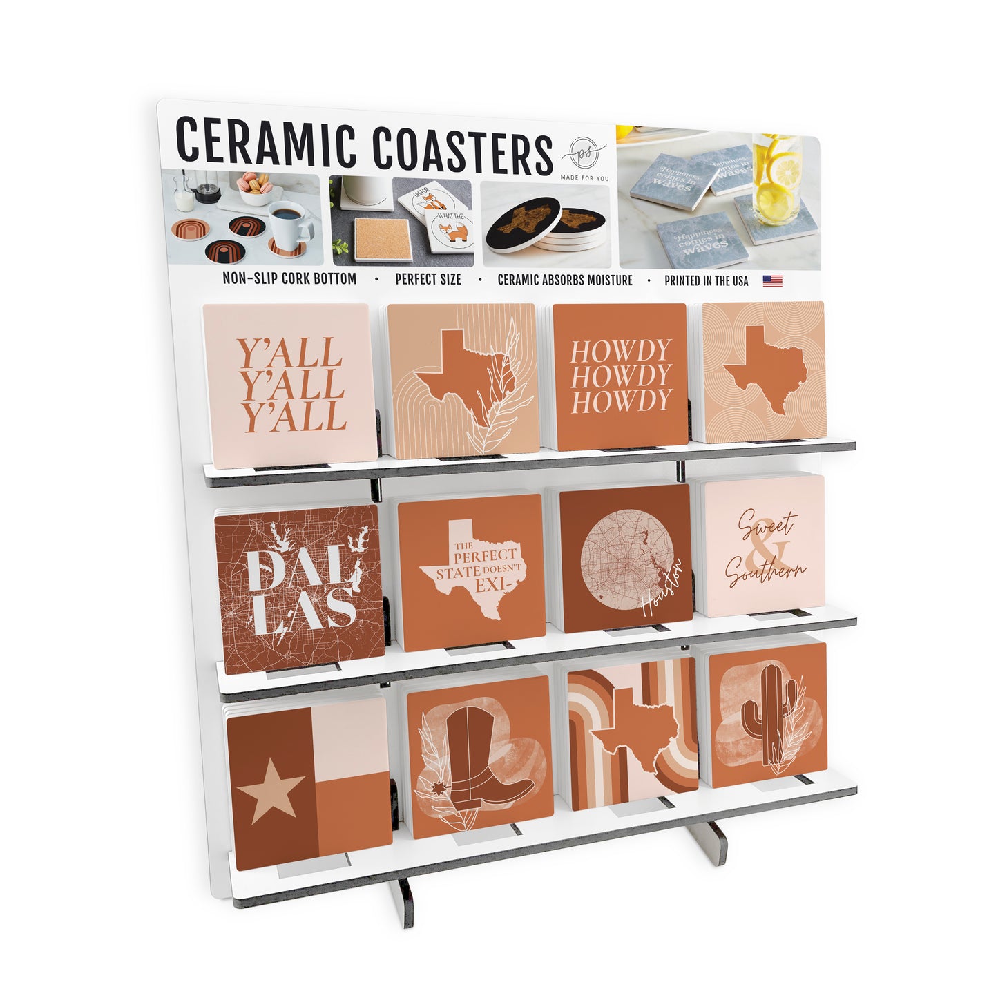 Modern Minimalist Texas Square Ceramic Coaster Loaded Display POP Min of 1