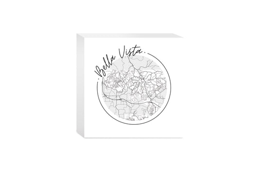 Minimalist B&W Arkansas Bella Vista Circle Map | Wood Block | Eaches | Min 4
