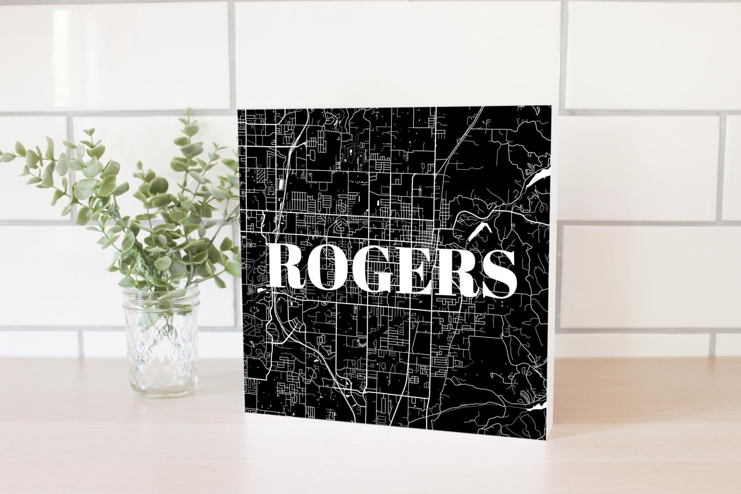 Minimalist B&W Arkansas Rogers Map | Wood Block | Eaches | Min 2