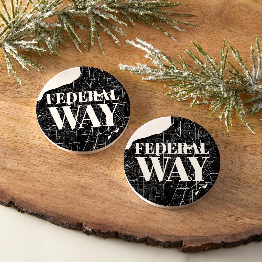 Minimalistic B&W Washington Federal Way Map | Absorbent Car Coasters | Set of 2 | Min 4