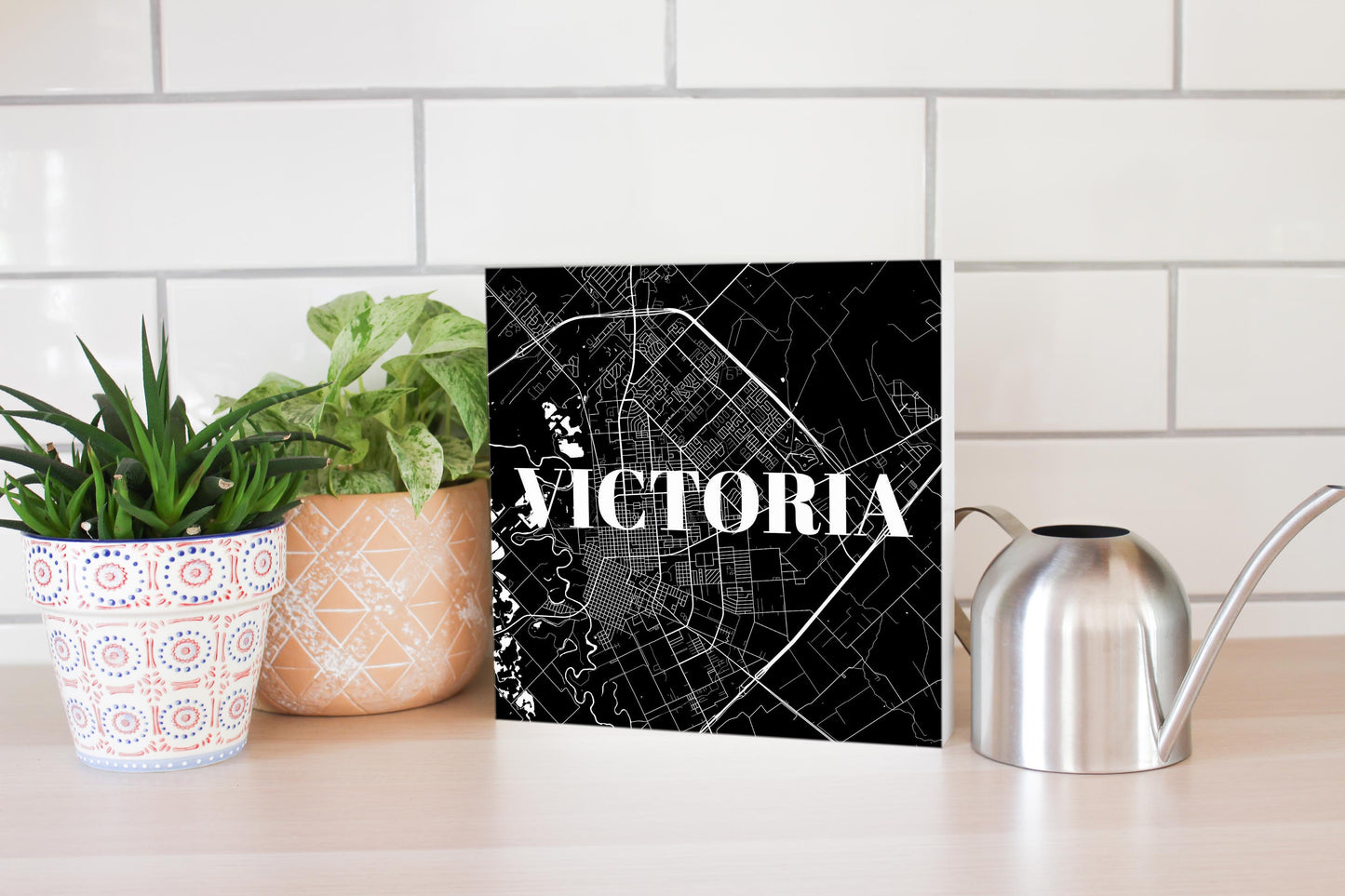 Minimalistic B&W Texas Victoria Map | Wood Block | Eaches | Min 2