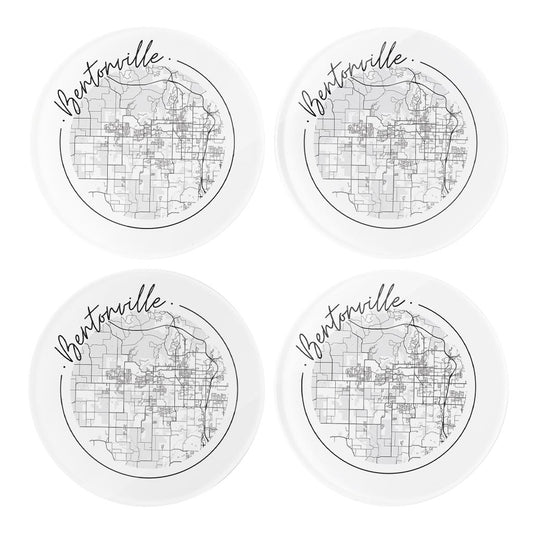 Minimalist B&W Arkansas Bentonville Circle Map | Hi-Def Glass Coasters | Set of 4 | Min 2