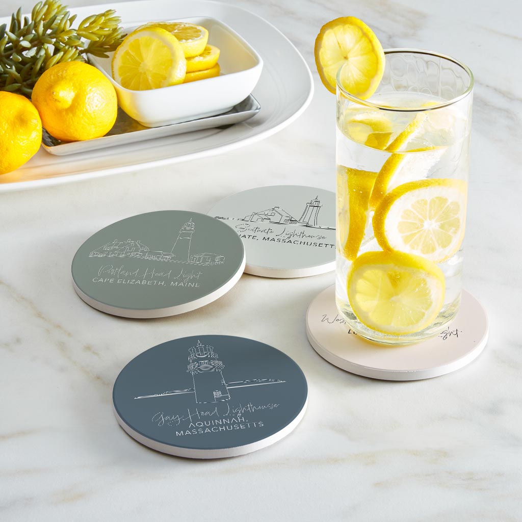 New England Lighthouses Muted Coastal | Absorbent Coasters | Set of 4 | Min 2