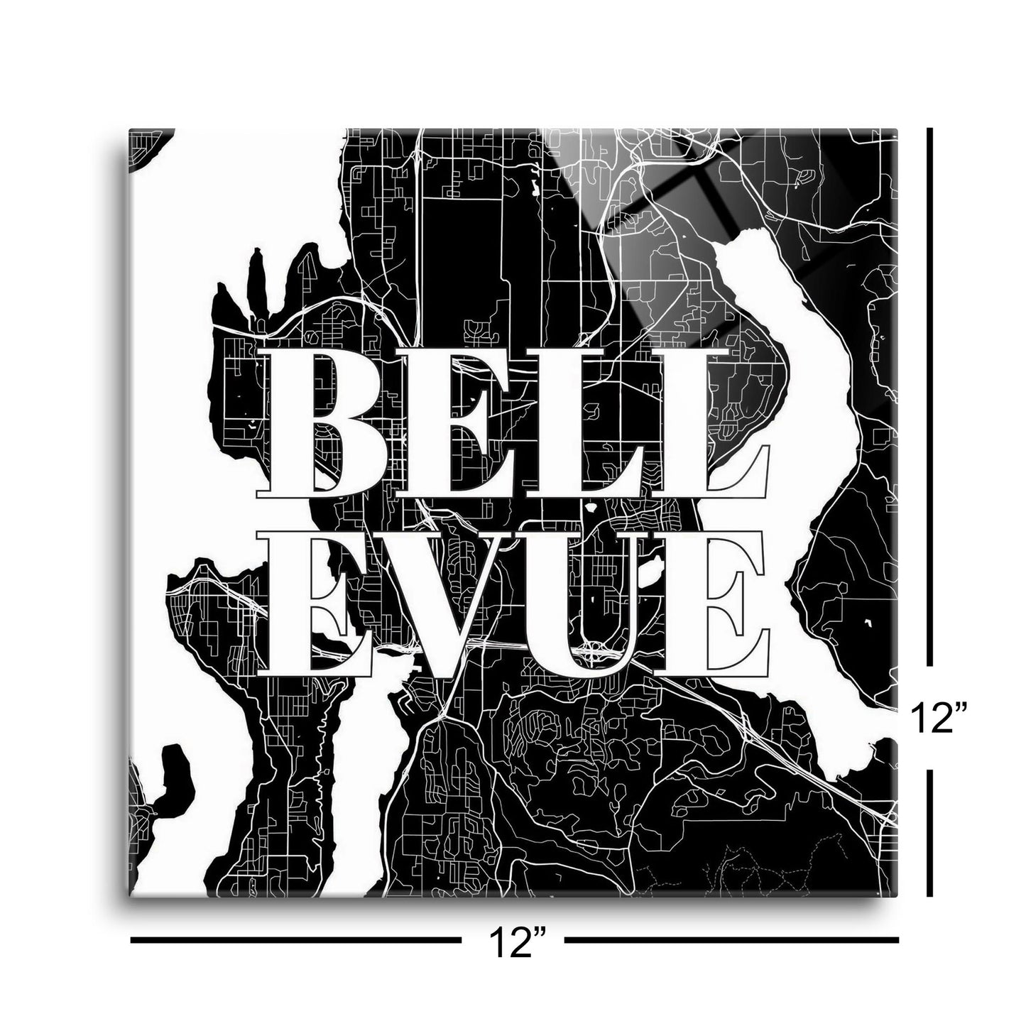 Minimalistic B&W Washington Bellevue Map | Hi-Def Glass Art | Eaches | Min 1