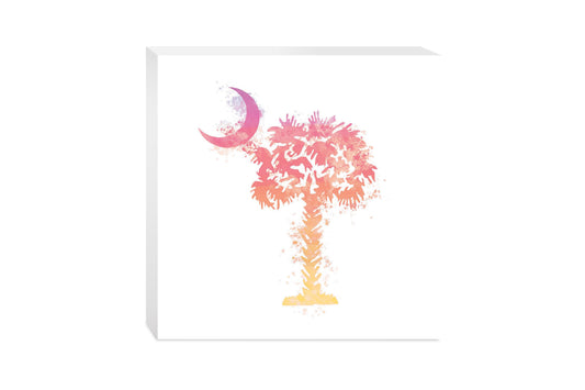 South Carolina Pink Water Color Palm Trees On White | Wood Block | Eaches | Min 2