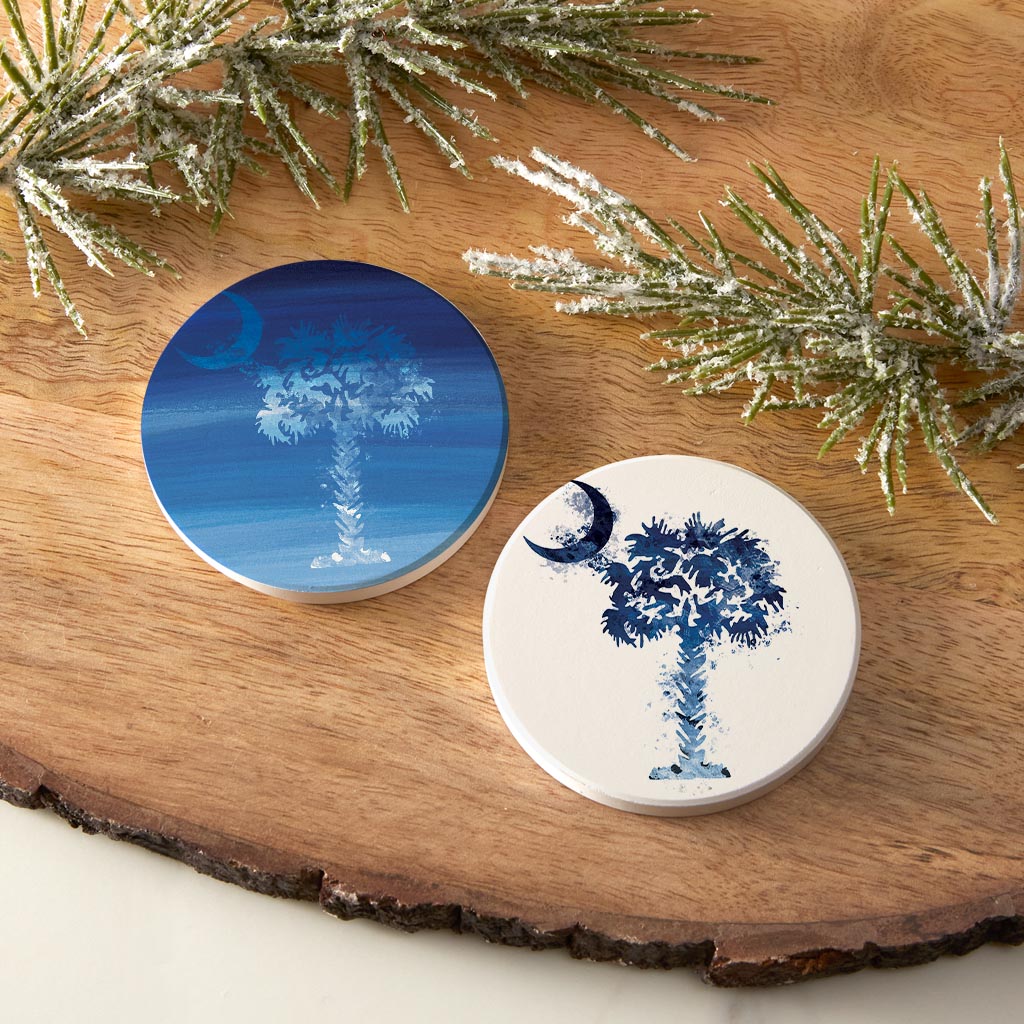 South Carolina Water Color Palm Trees Blue| Absorbent Car Coasters | Set of 2 | Min 4