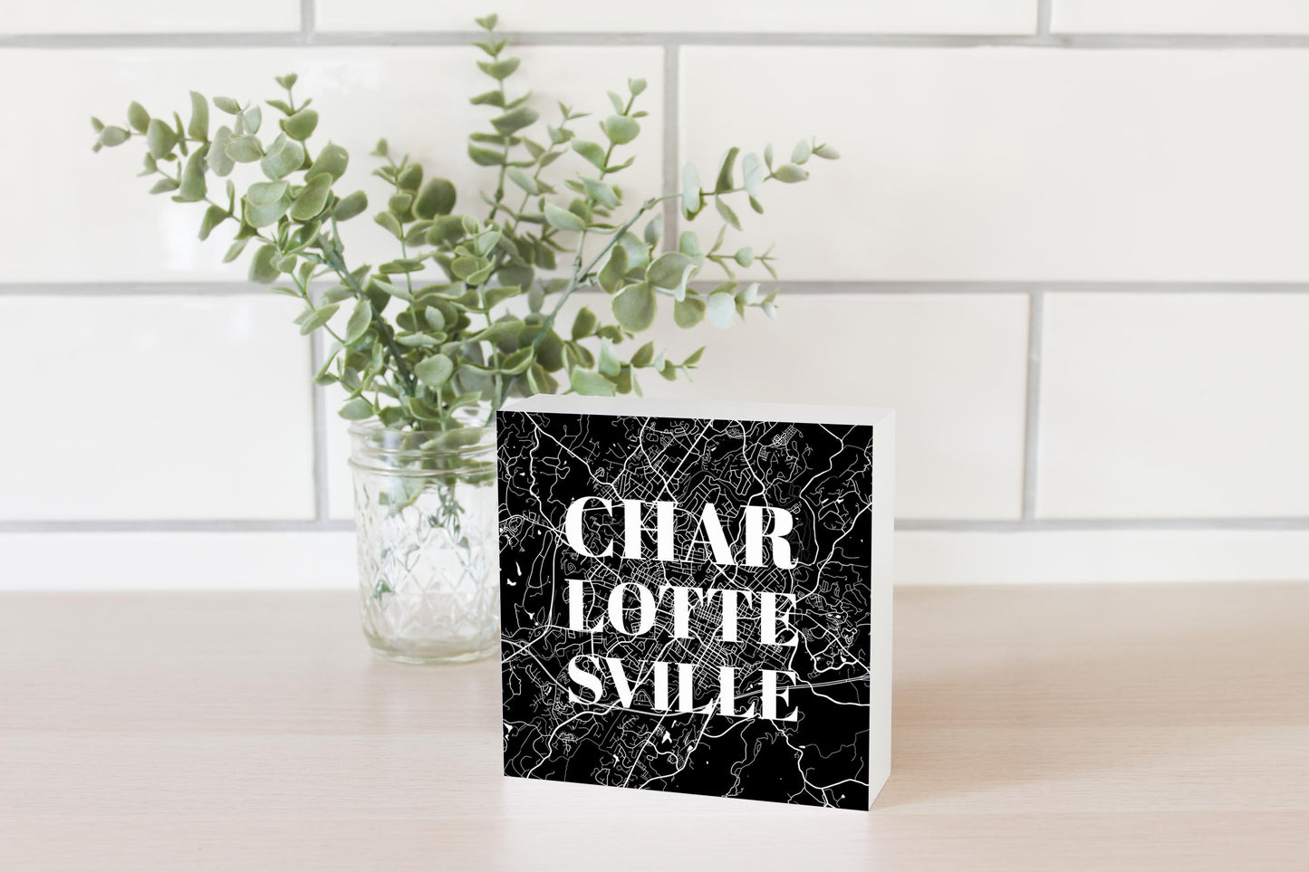 Minimalistic B&W Virginia Charlottesville Map | Wood Block | Eaches | Min 4