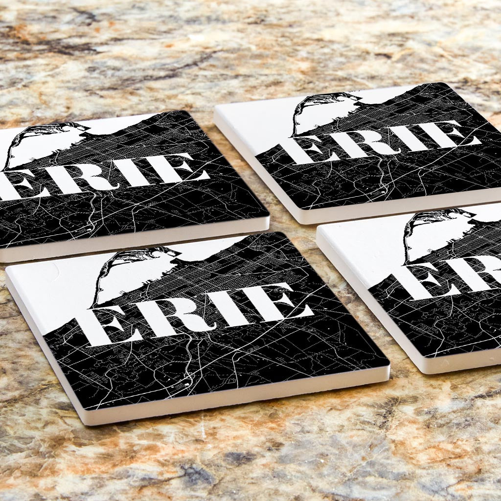 Minimalistic B&W Pennsylvania Erie Map | Absorbent Coasters | Set of 4 | Min 2