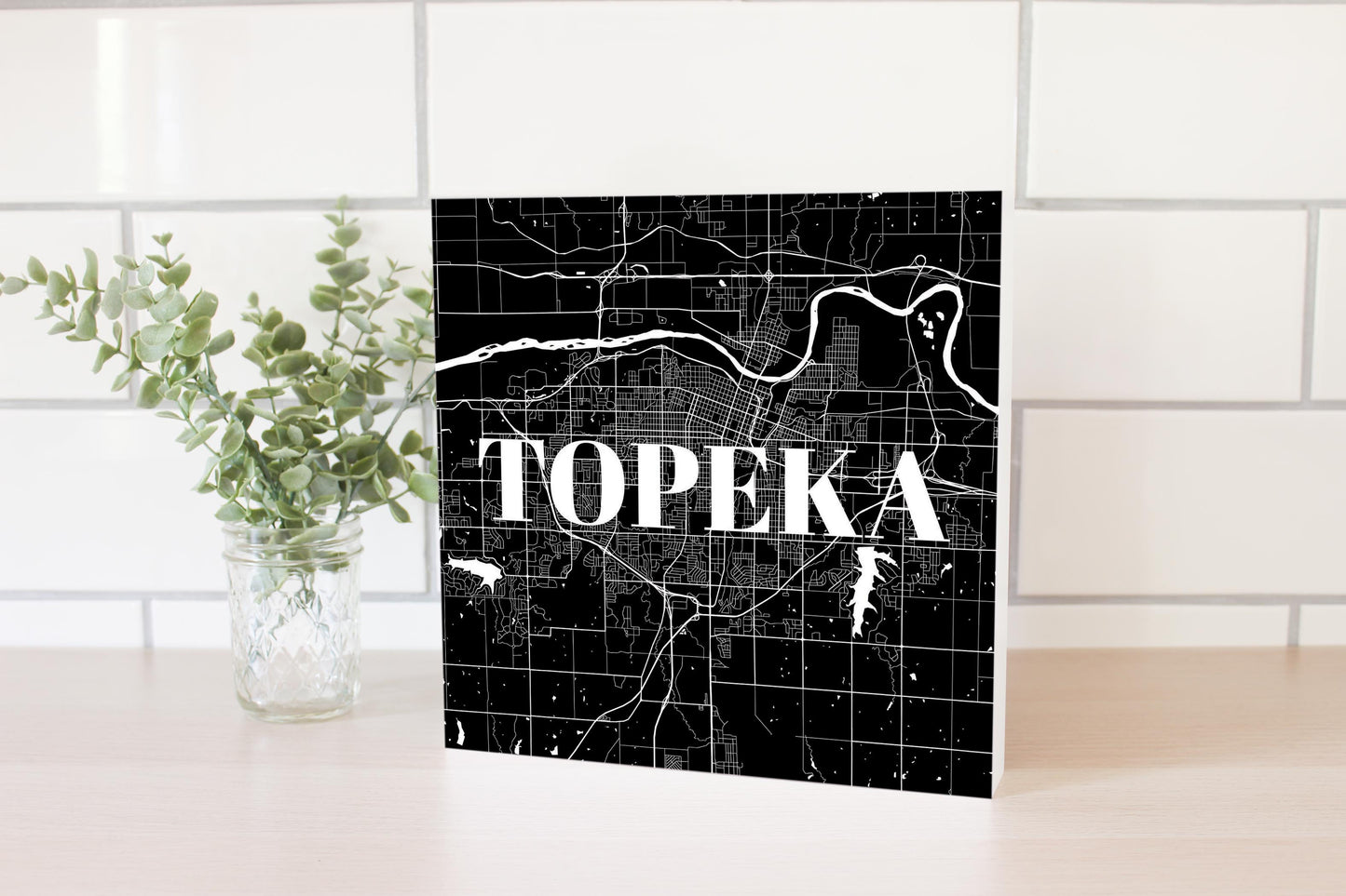 Minimalist B&W Kansas Topeka Map | Wood Block | Eaches | Min 2
