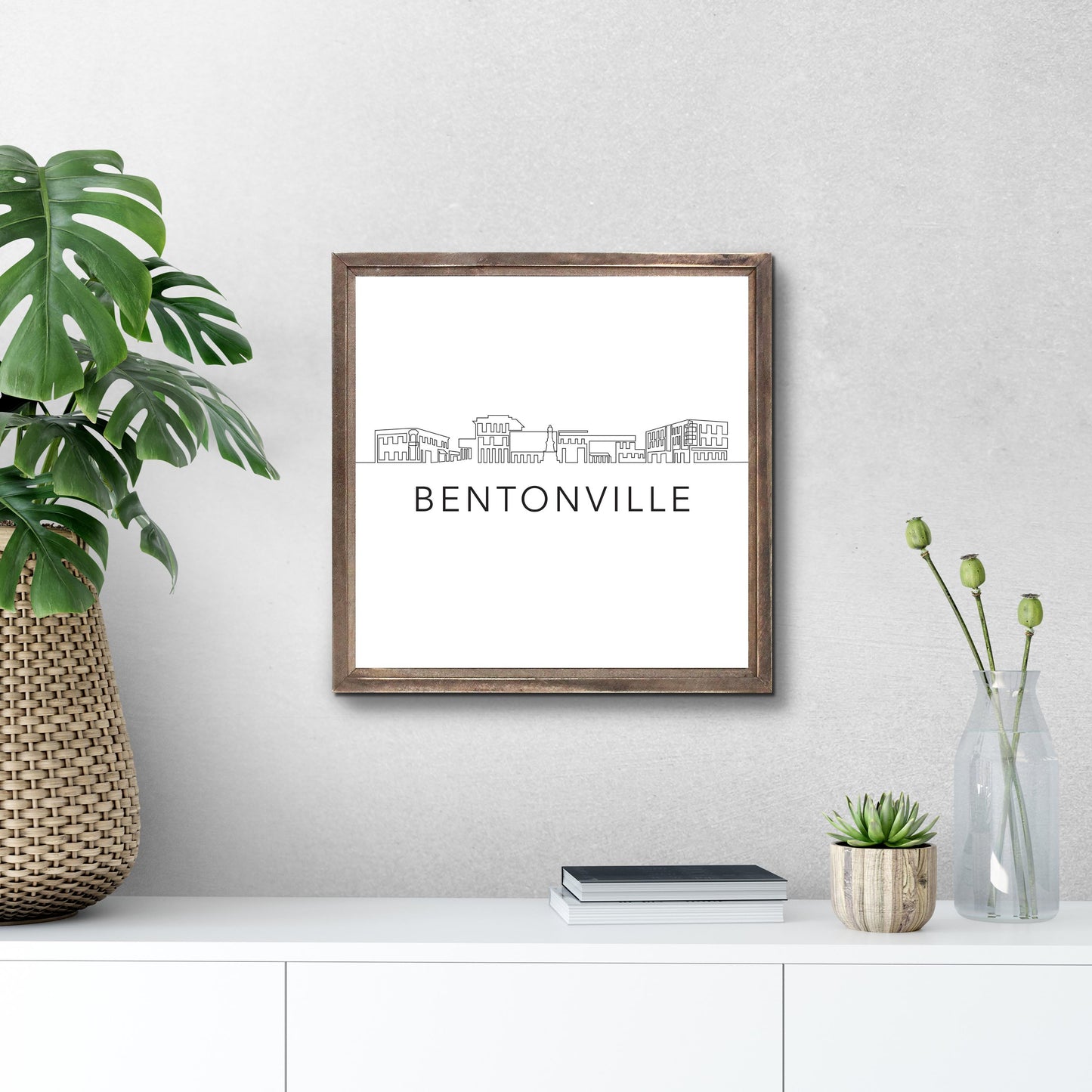 Minimalist B&W Arkansas Bentonville Skyline | Wood Sign | Eaches | Min 1