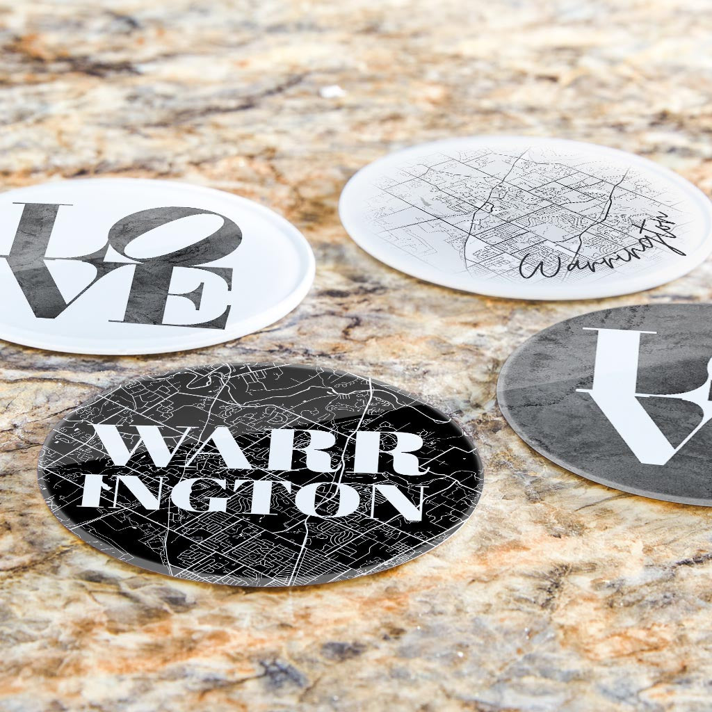 Minimalistic B&W Pennsylvania Warrington Maps Love | Hi-Def Glass Coasters | Set of 4 | Min 2