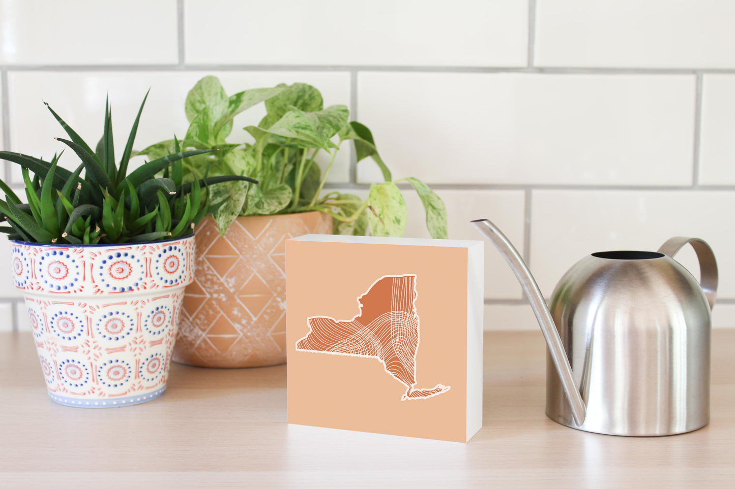Modern Minimalist New York State Fluid Lines Light | Wood Block | Eaches | Min 4
