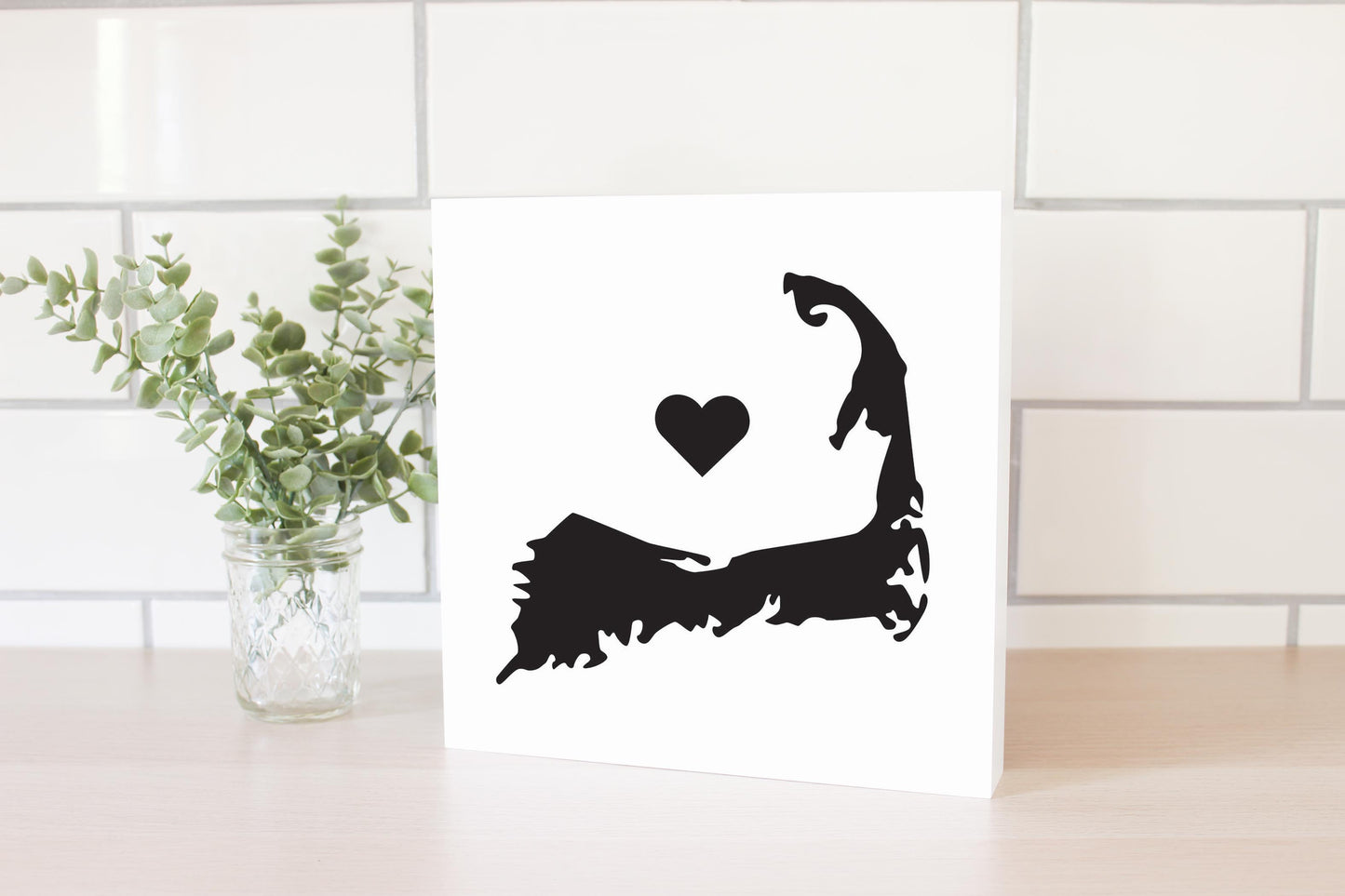 Minimalistic B&W Cape Cod With Heart | Wood Block | Eaches | Min 2