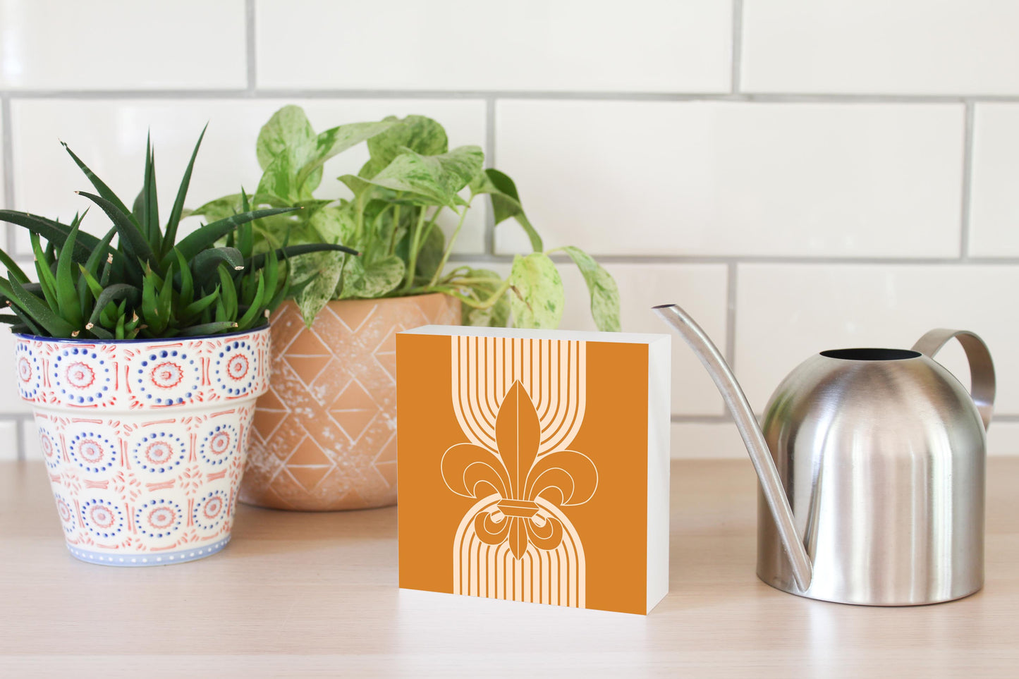 Modern Minimalist Louisiana Orange Fleu De Lis | Wood Block | Eaches | Min 4