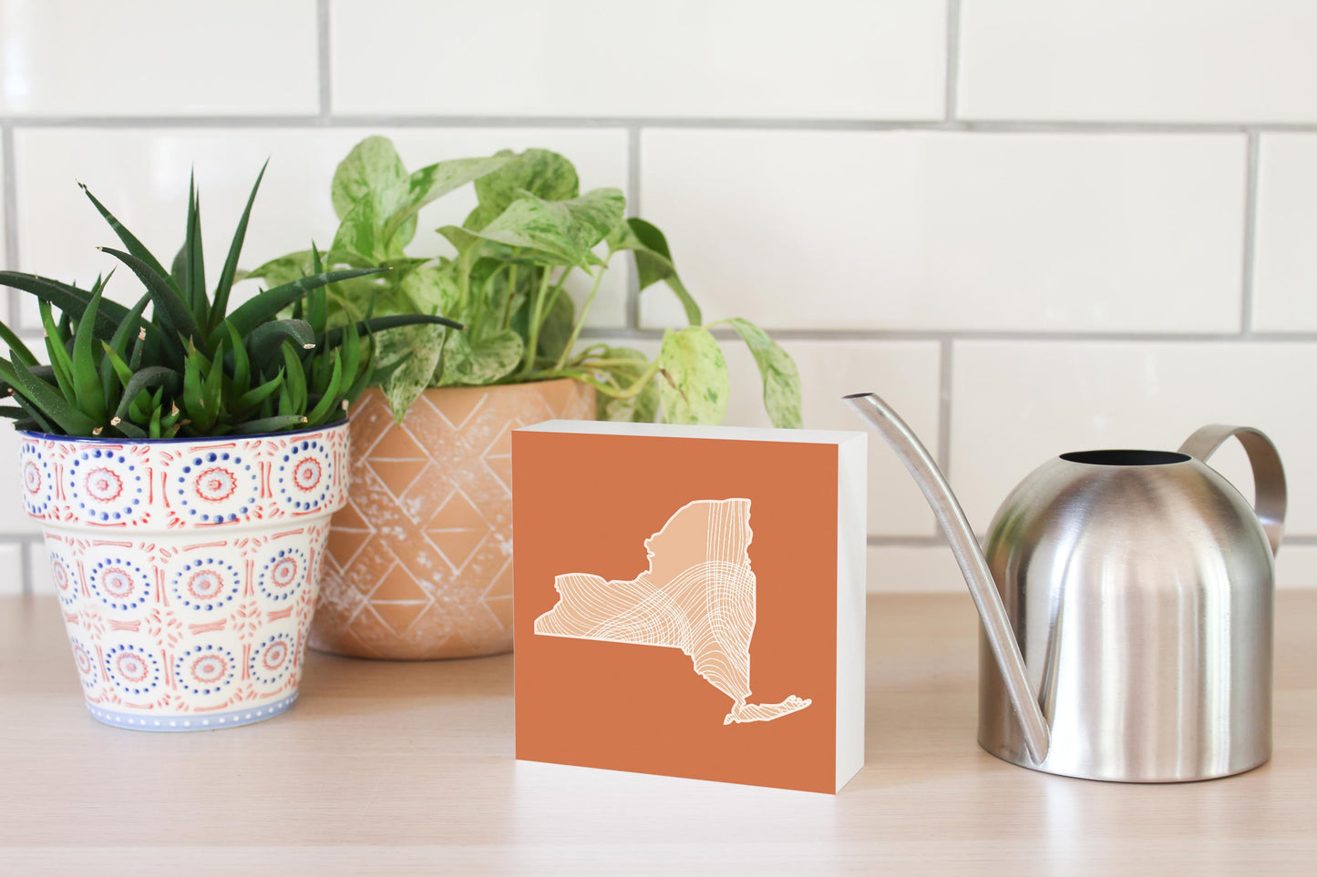 Modern Minimalist New York State Fluid Lines Dark | Wood Block | Eaches | Min 4