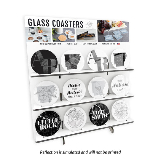 B&W Minimalist Arkansas Glass Circle Coaster Loaded Display POP Min of 1