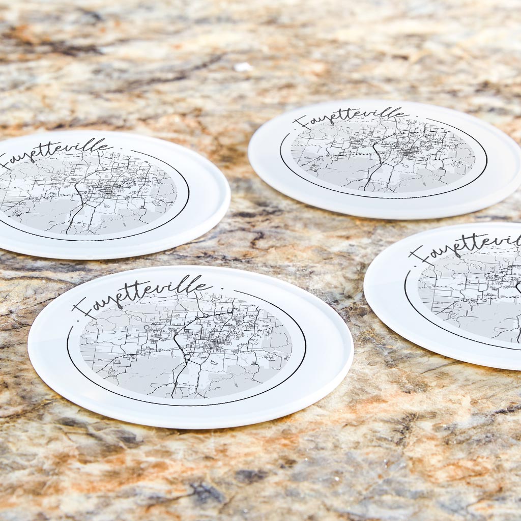 B&W Minimalist Arkansas Fayetteville Circle Map | Hi-Def Glass Coasters | Set of 4 | Min 2