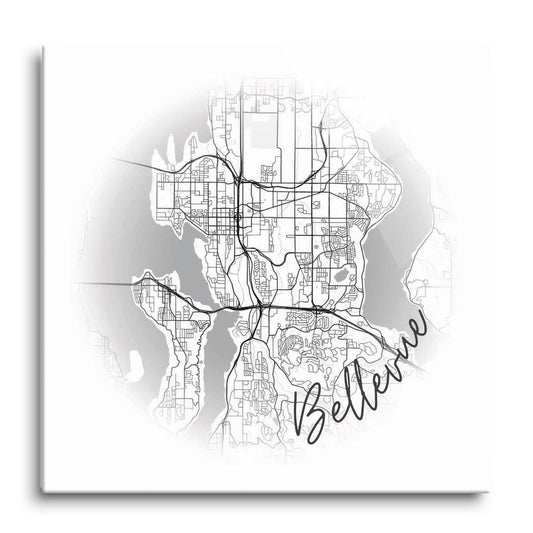 Minimalistic B&W Washington Bellevue Circle Map | Hi-Def Glass Art | Eaches | Min 1
