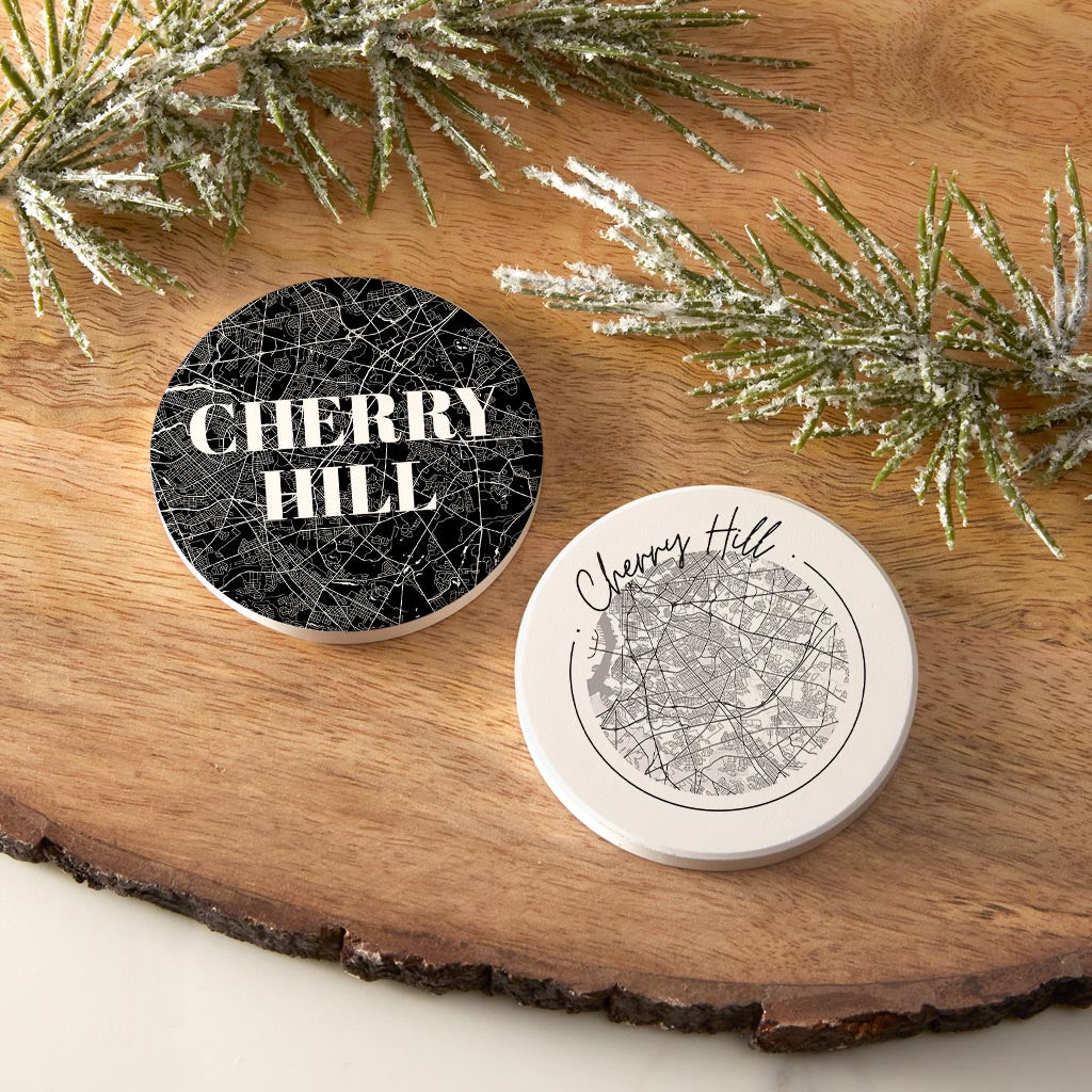 Minimalistic B&W New Jersey Cherry Hill Maps | Absorbent Car Coasters | Set of 2 | Min 4