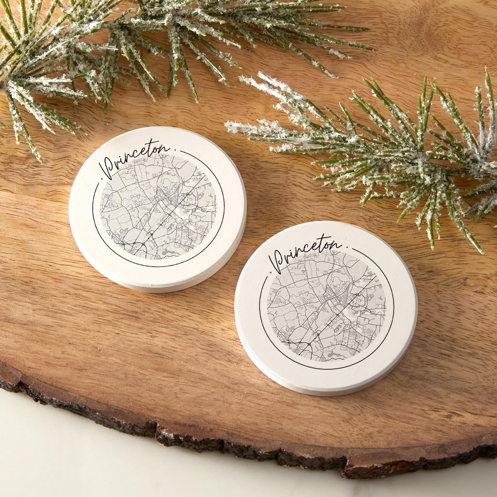 Minimalistic B&W New Jersey Princeton Circle Map | Absorbent Car Coasters | Set of 2 | Min 4