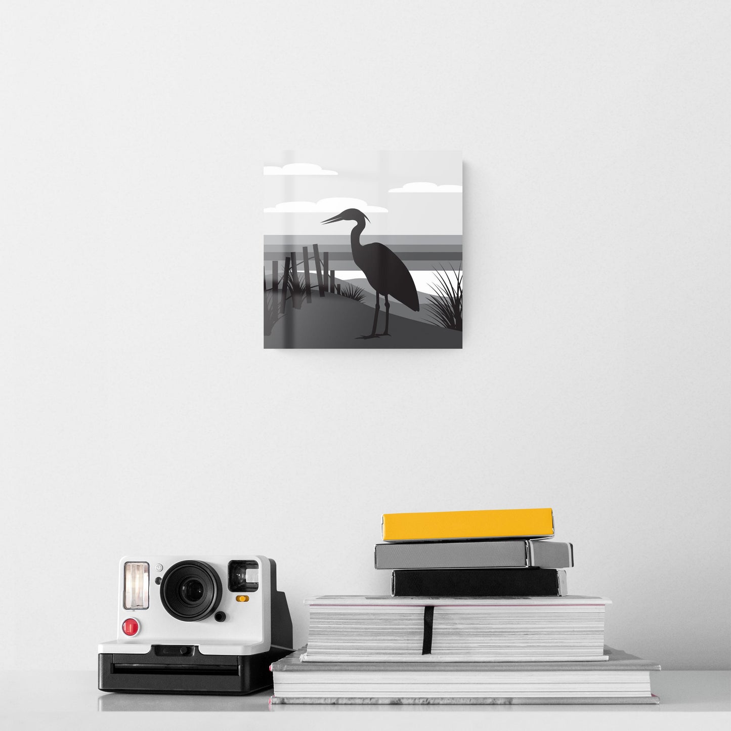 Minimalistic B&W Cape Cod Heron Illustration | Hi-Def Glass Art | Eaches | Min 2